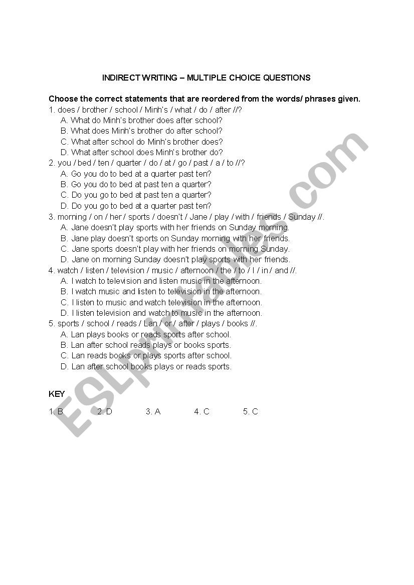 Indirect writing 1 - Multiple choice questions