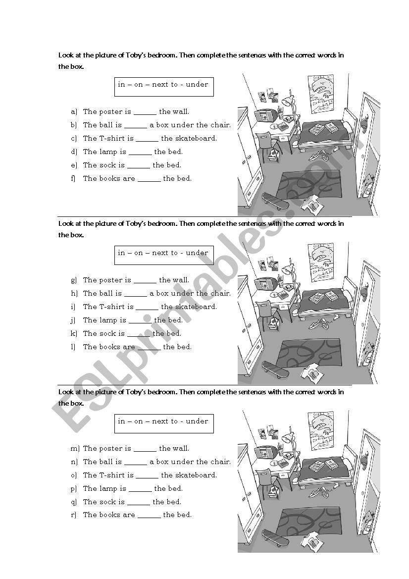 Prepositions - Bedroom worksheet