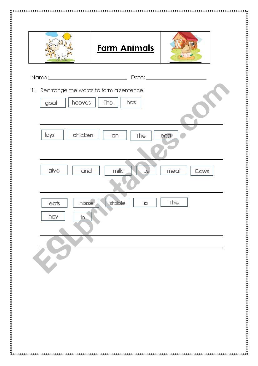 Sentence Activity Theme on Farm Animals