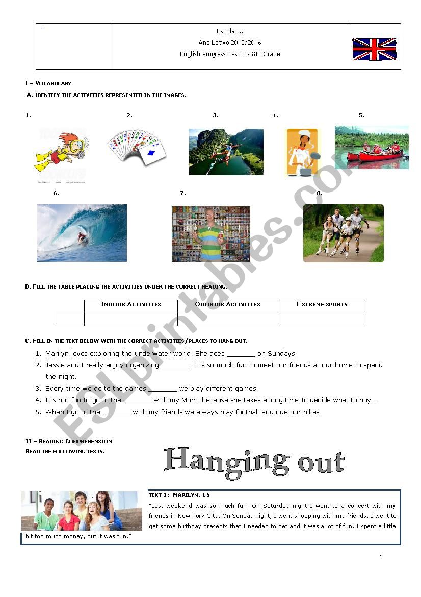 Test Hanging out B worksheet