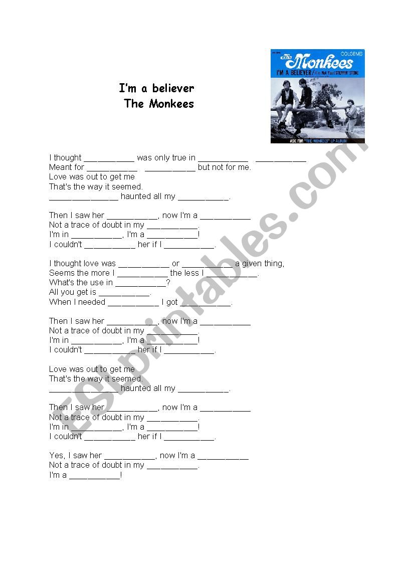 song Im a Believer worksheet