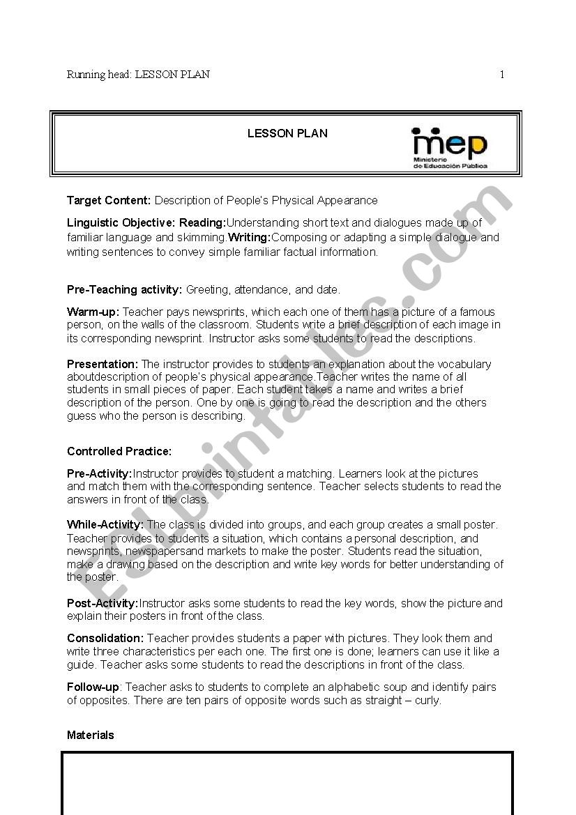 Description of Peopleâ€™s Physical Appearance : lesson plan