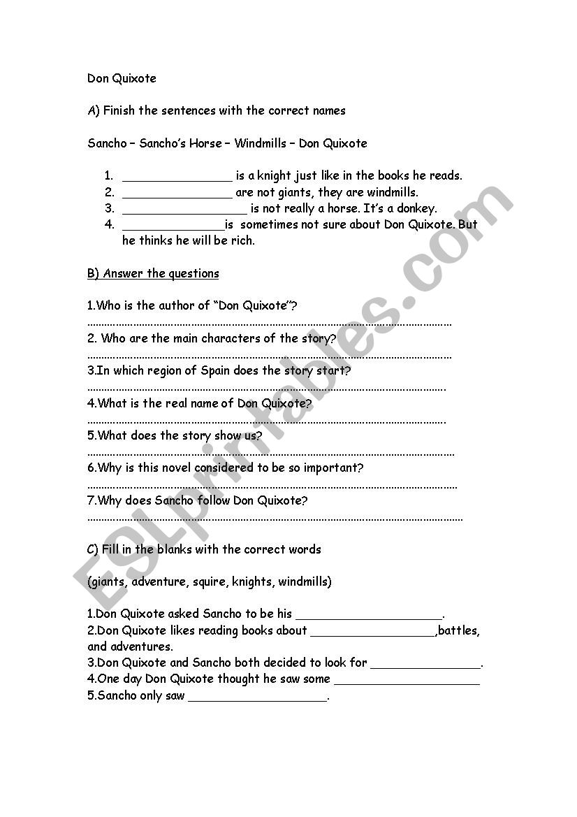 Don Quixote worksheet