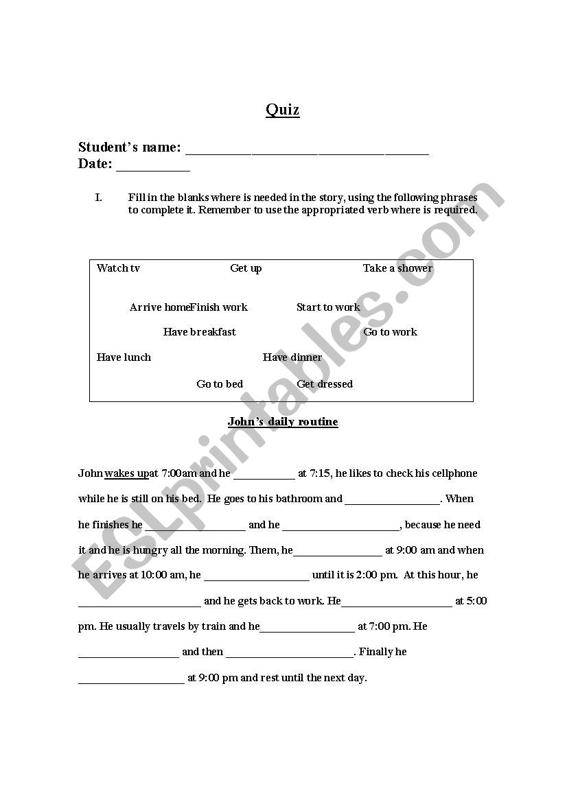 Daily routines quiz worksheet