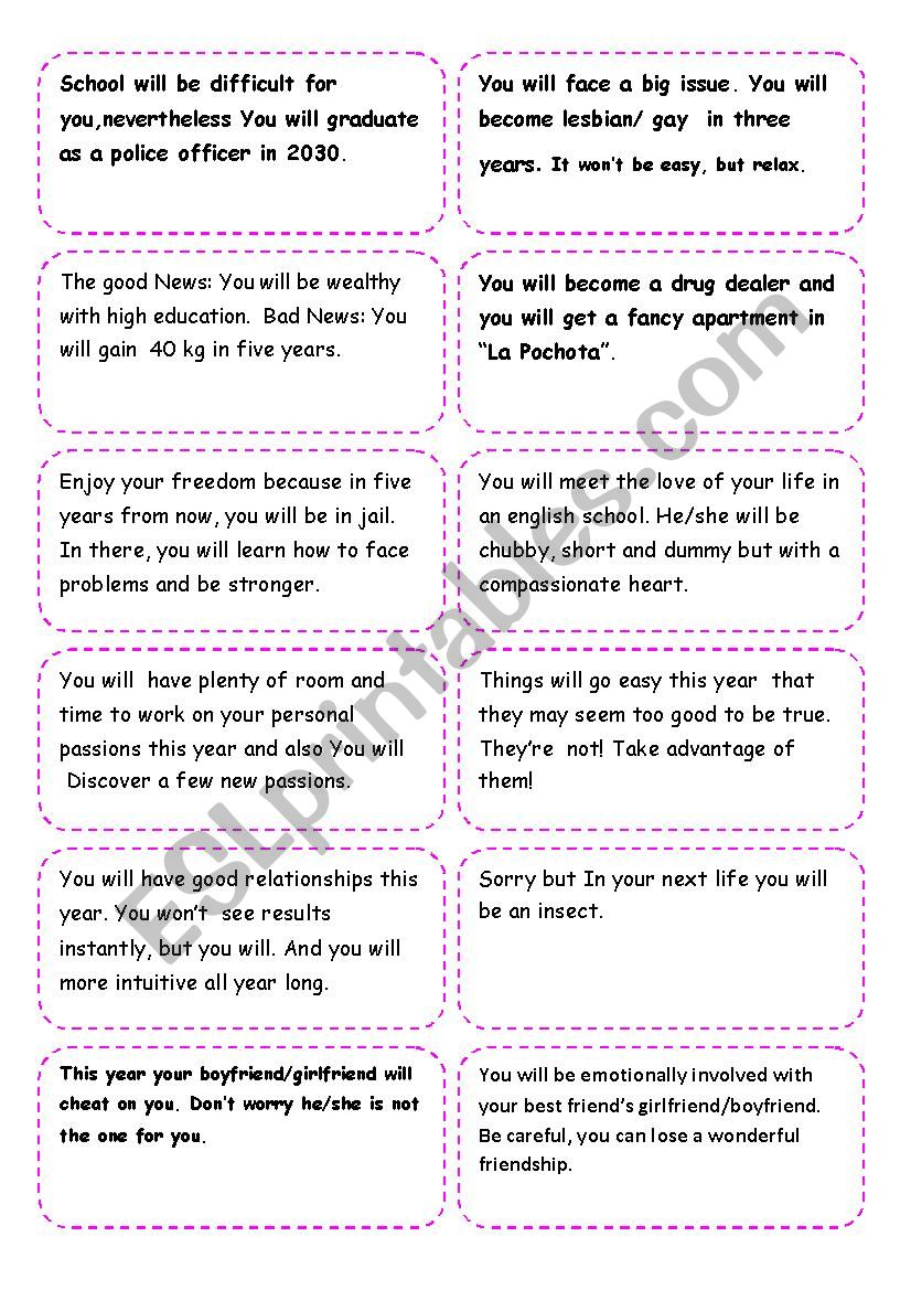Cards to play fortune teller worksheet