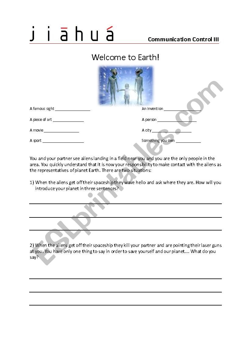Welcome to Earth Aliens worksheet