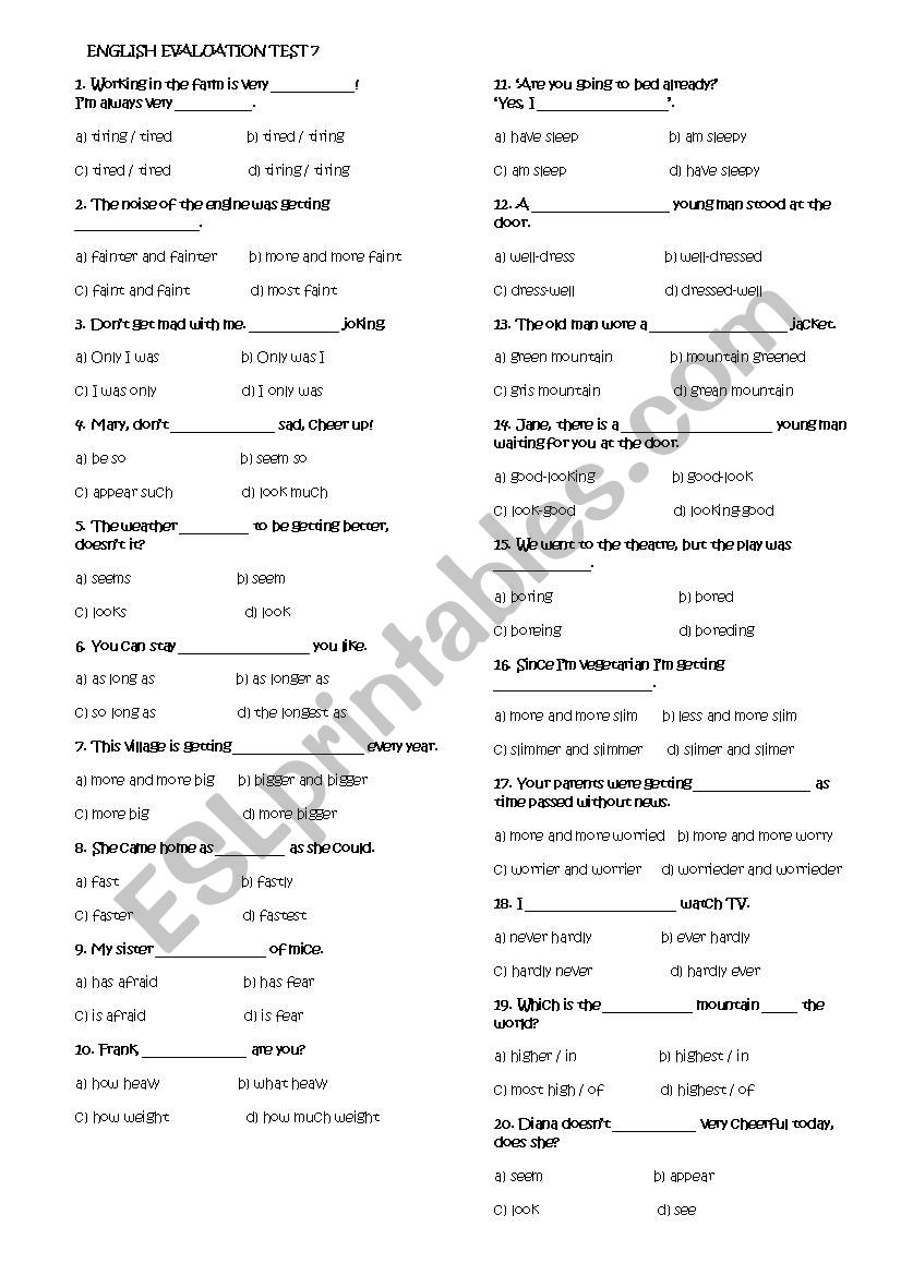 ENGLISH EVALUATION TEST 7 worksheet