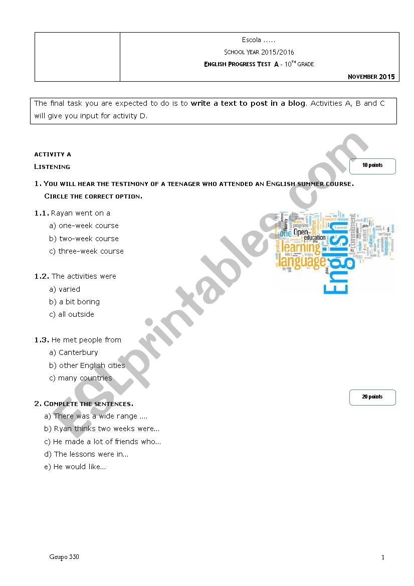 Test about studying abroad worksheet