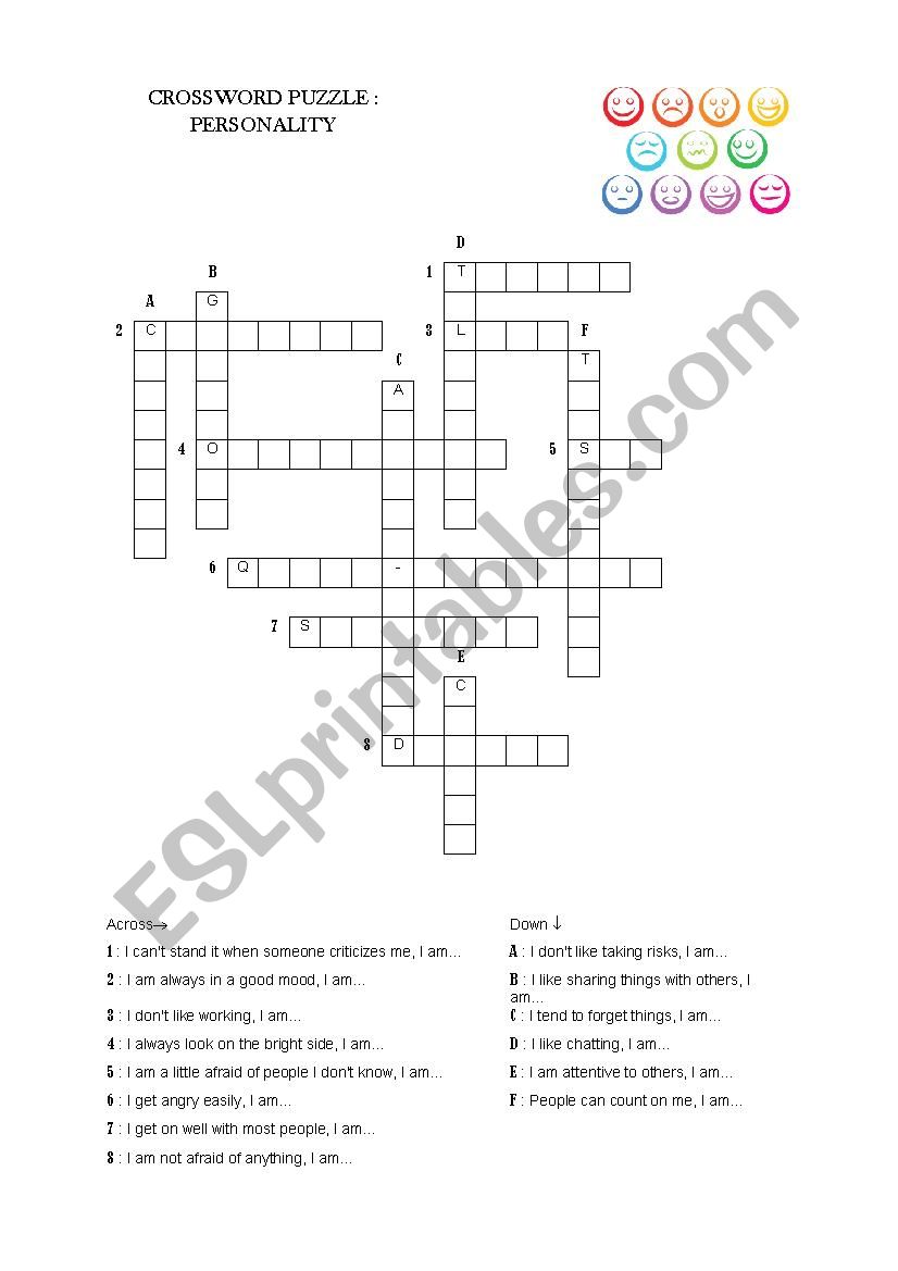 crossword puzzle on personality 