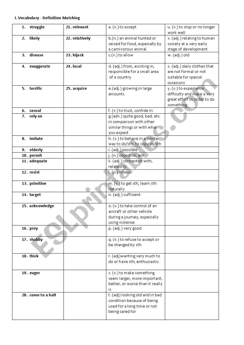 Vocabulary Definition Matching Exercise