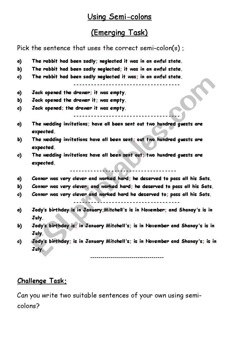 Using Semi-Colons - Multiple Choice - ESL worksheet by jevans22 Intended For Semicolon And Colon Worksheet