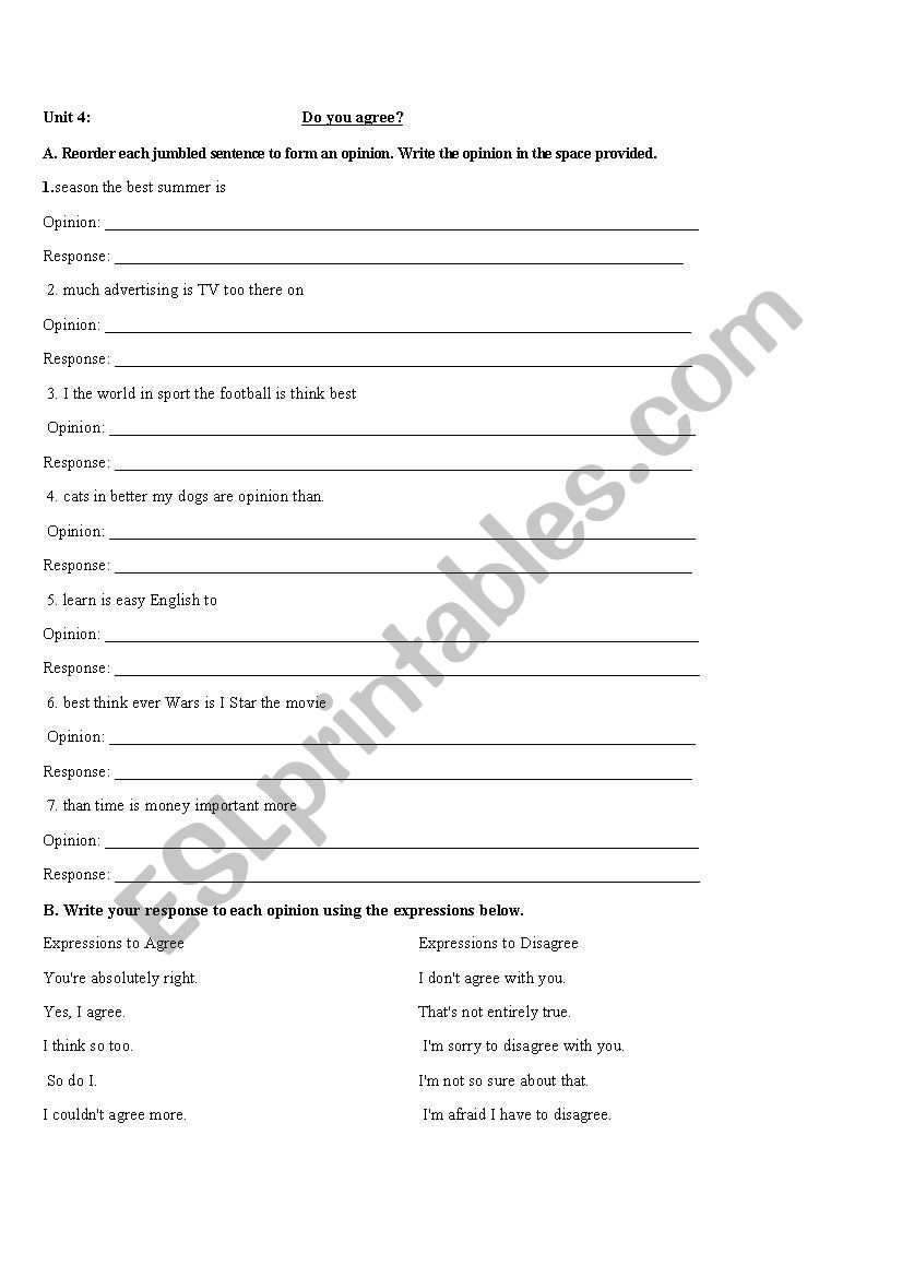 Agree and disagree worksheet