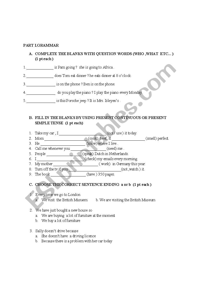 pre-intermediate test worksheet