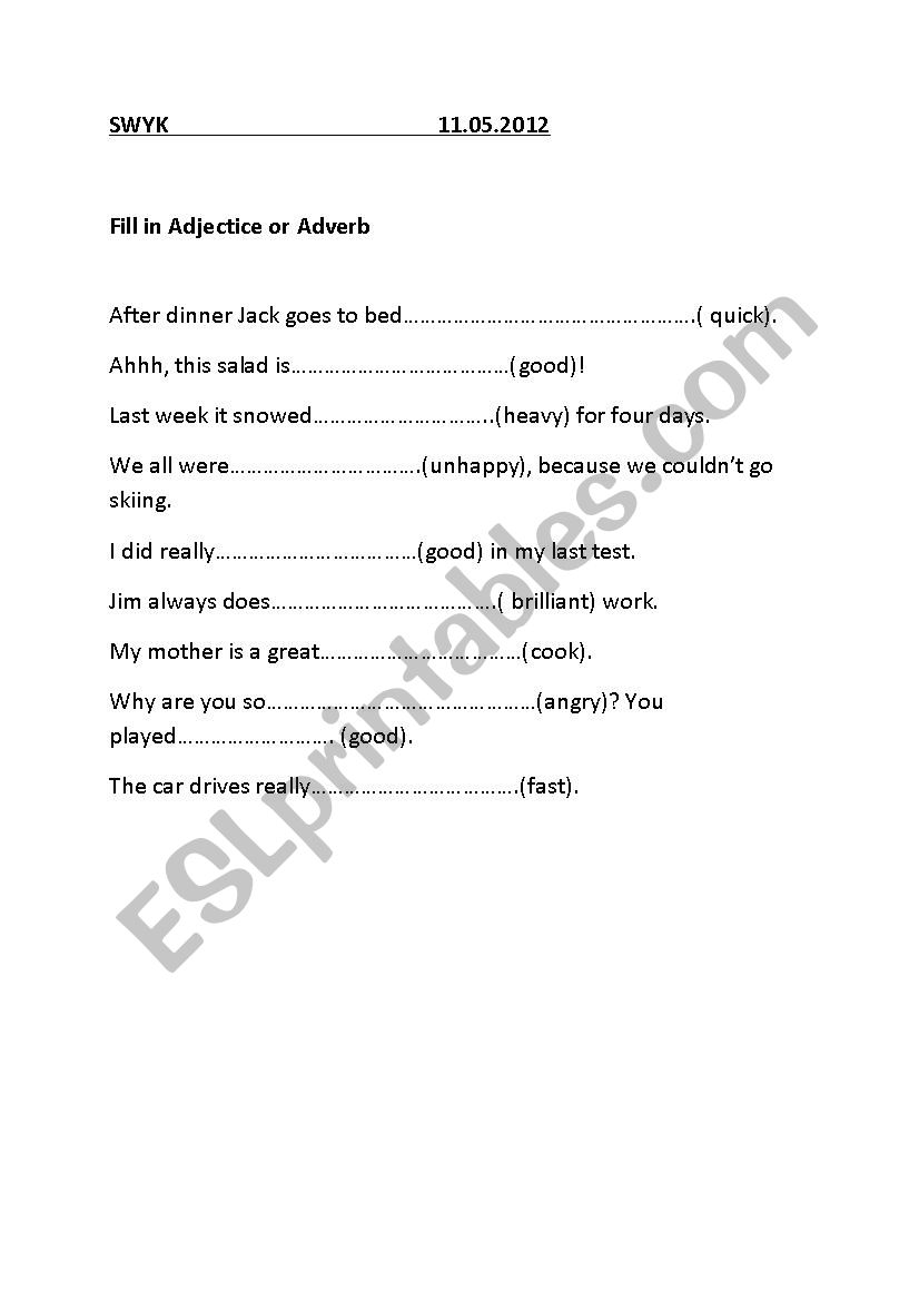 Adjective or Adverb worksheet