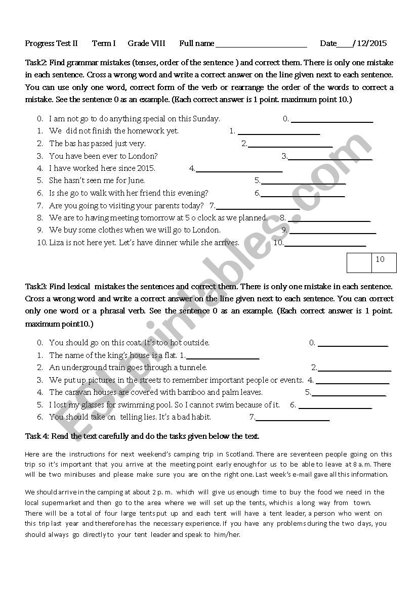 TEST - Grade VIII worksheet