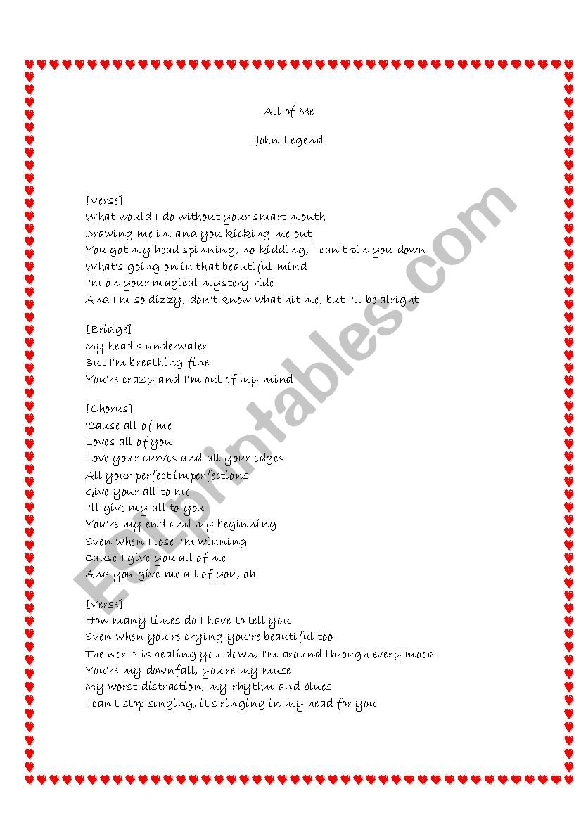 All of me John Legend worksheet