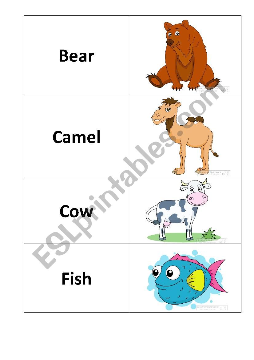 Animals memory game worksheet