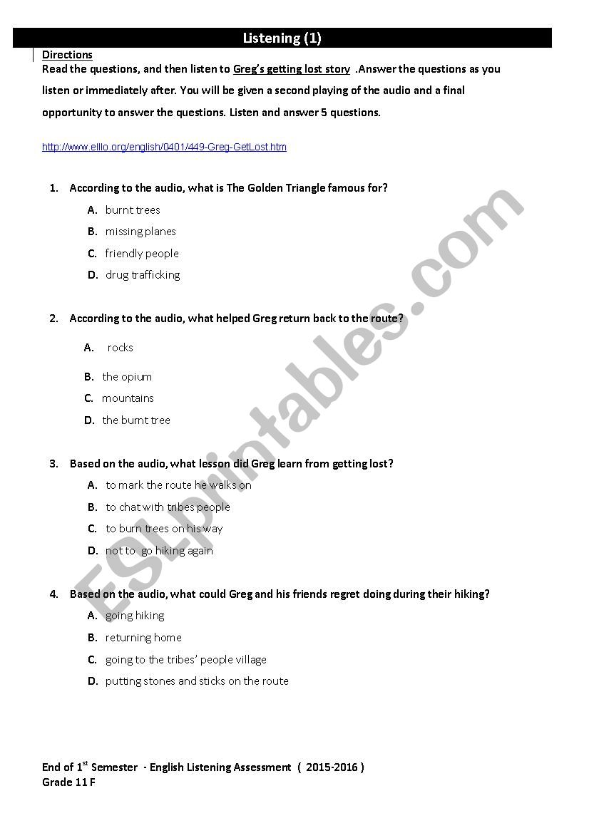listening exam -gr.11 worksheet