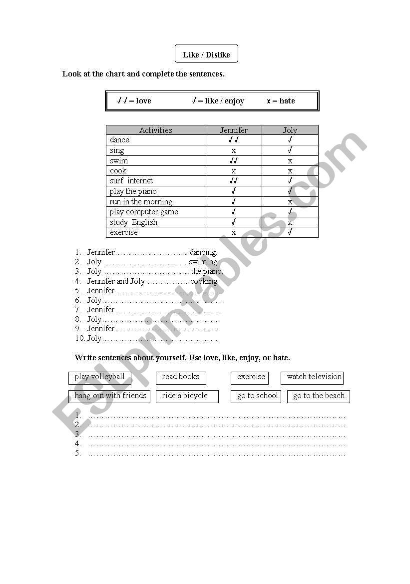 like / dislike worksheet