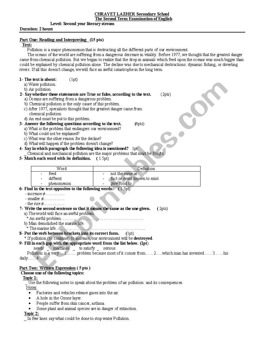 exam about pollution worksheet