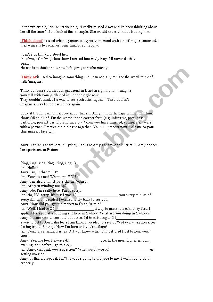 Think aboutÂ´ vs think of worksheet