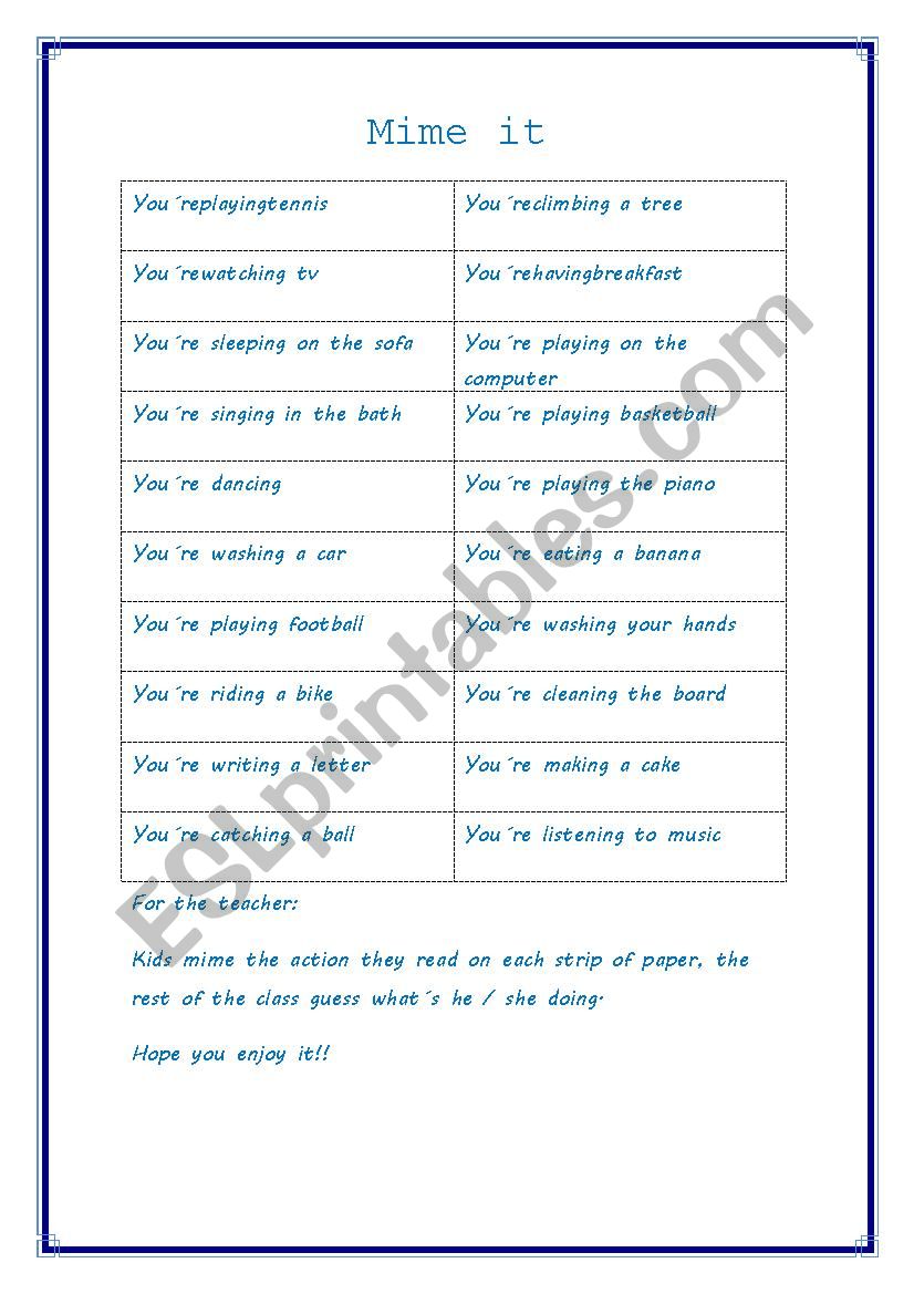 Present continuous game - Mime it 