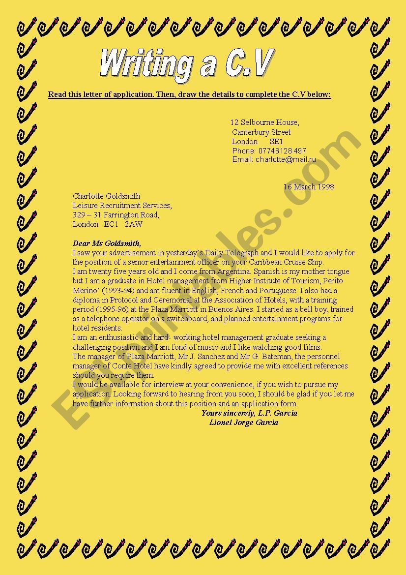CV writing worksheet