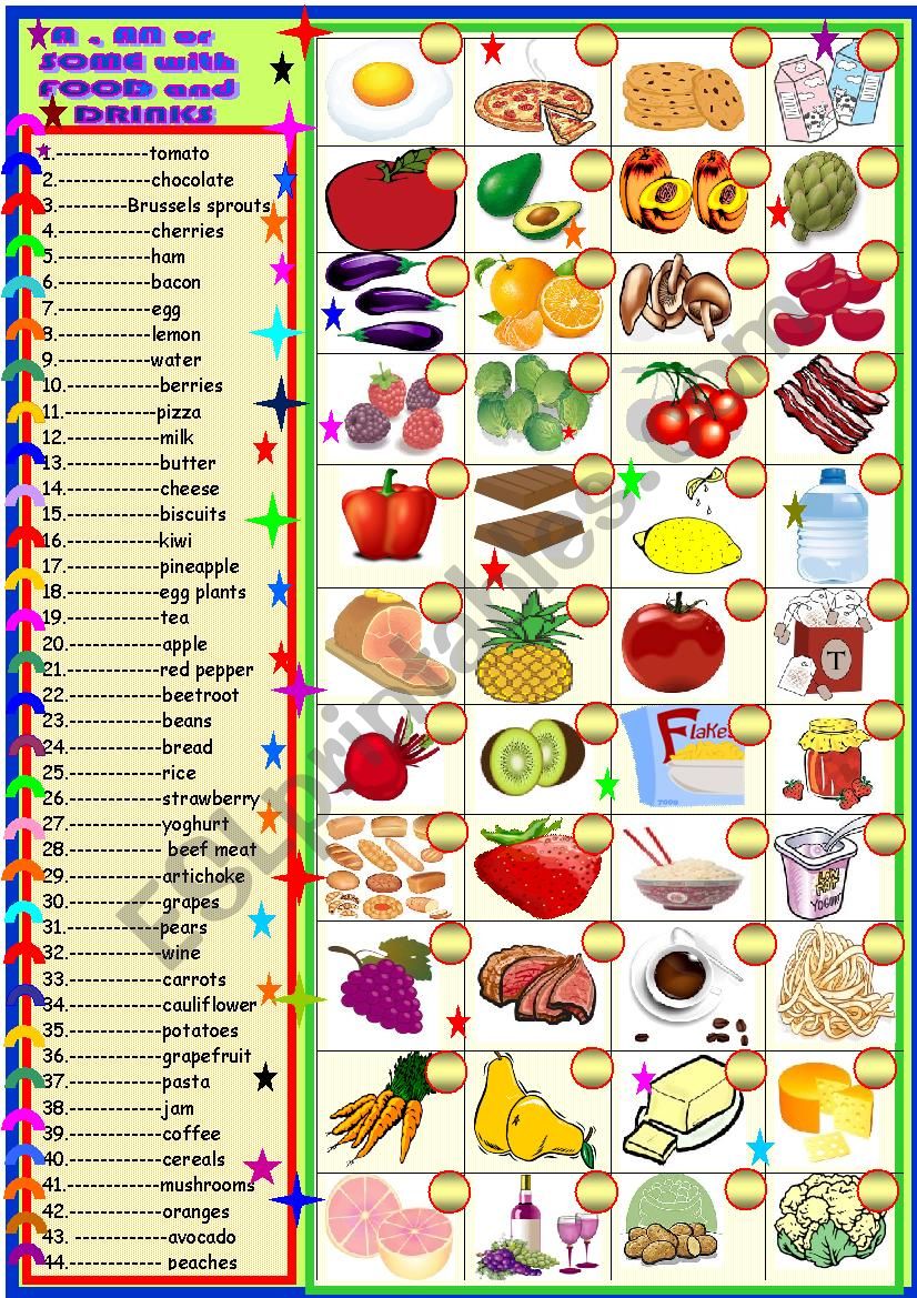 Food , a an some and matching worksheet