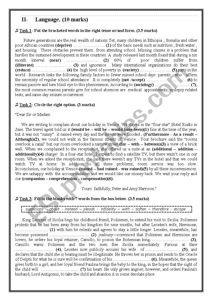 Language tasks (Bac 1st term) worksheet