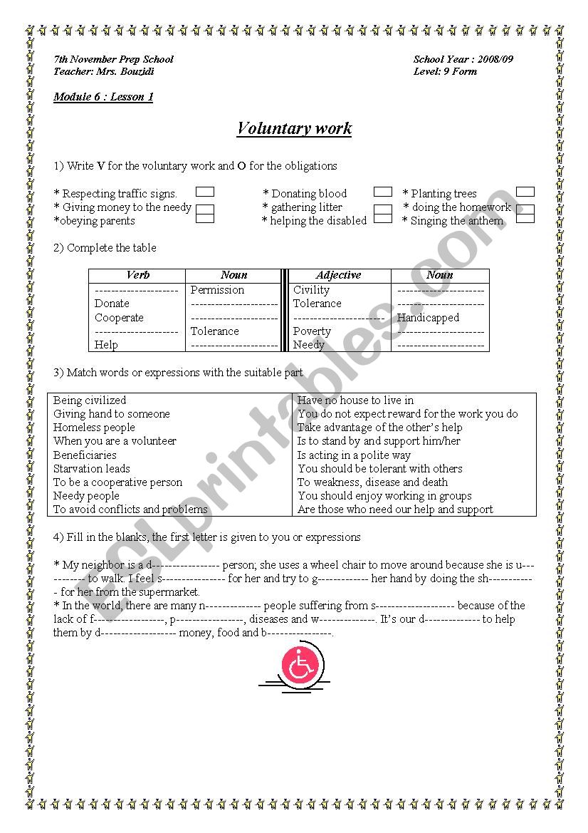 voluntary work worksheet