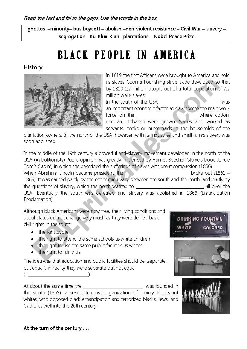 Black people in America worksheet