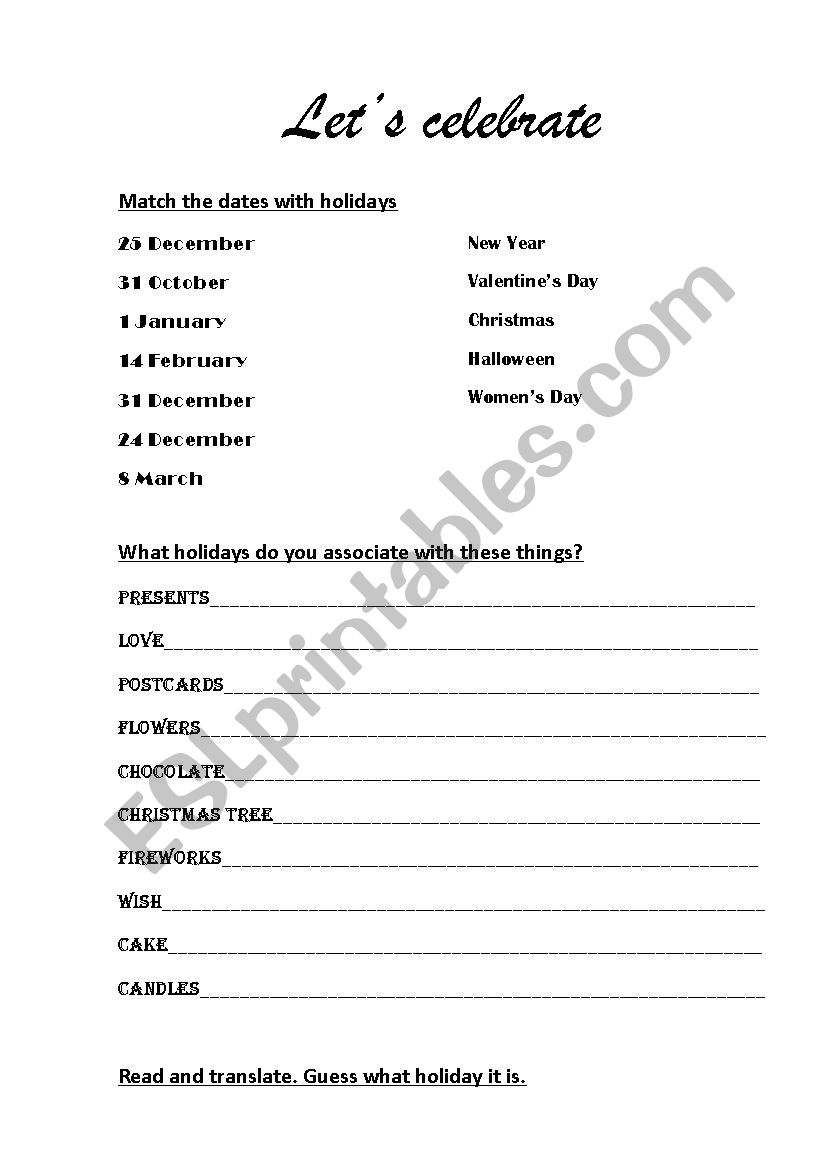 Lets celebrate worksheet