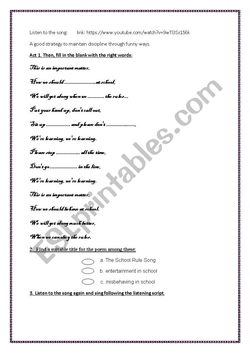 song to maintain discipline worksheet