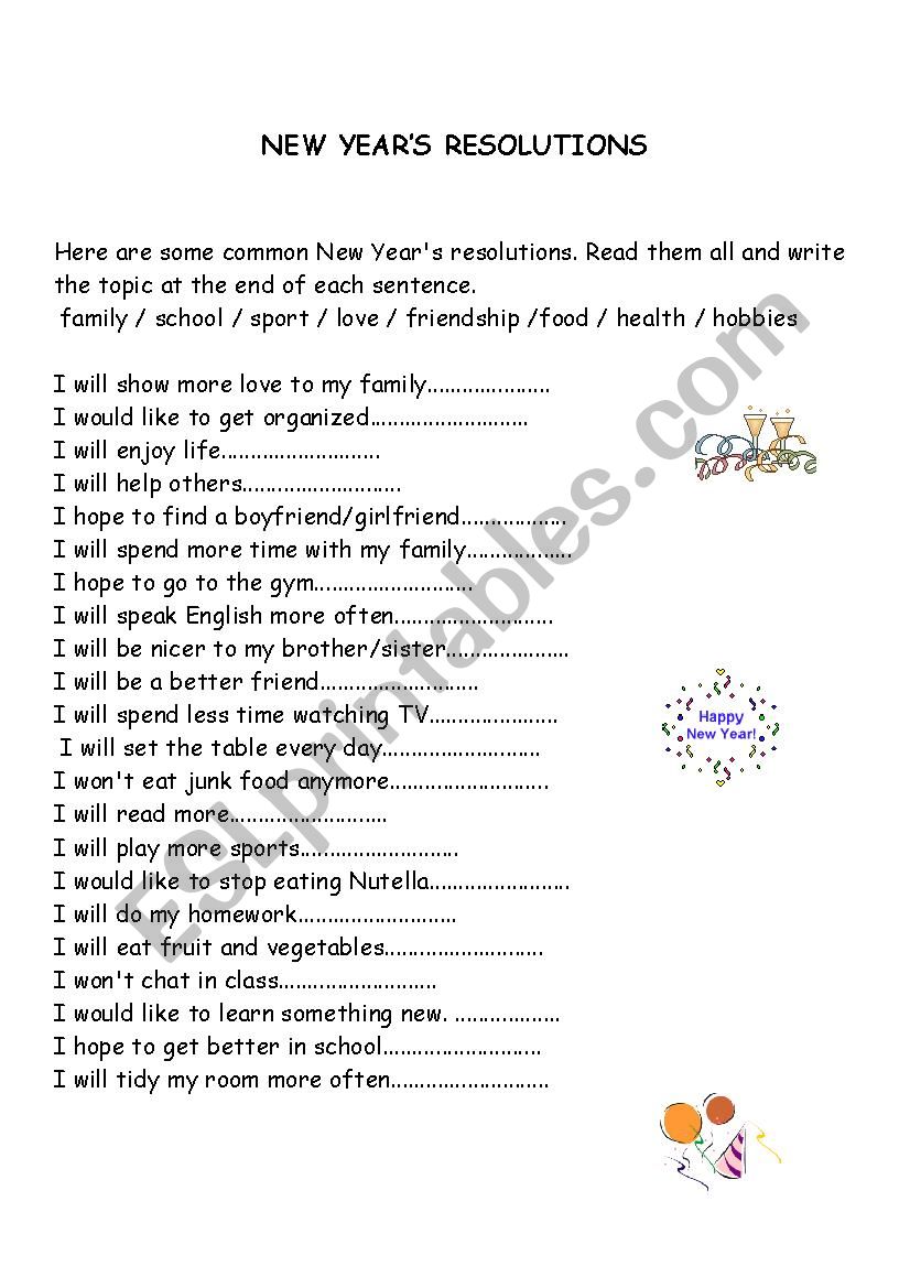 NEW YEARS RESOLUTIONS worksheet