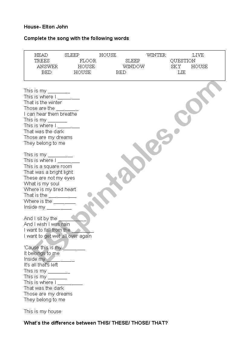 house (Elton John) worksheet