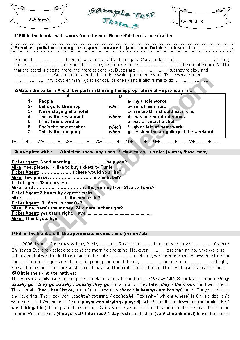 GRAMMAR SAMPLE TEST worksheet