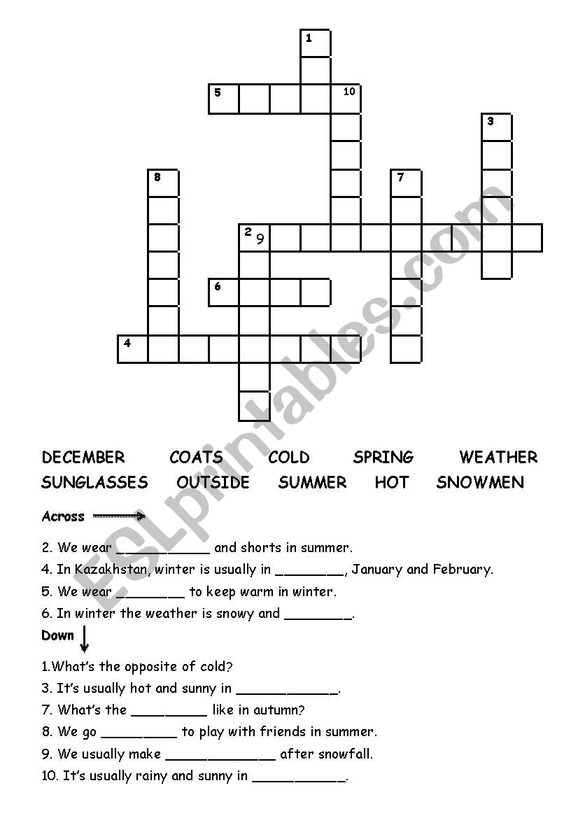 Weather crossword worksheet