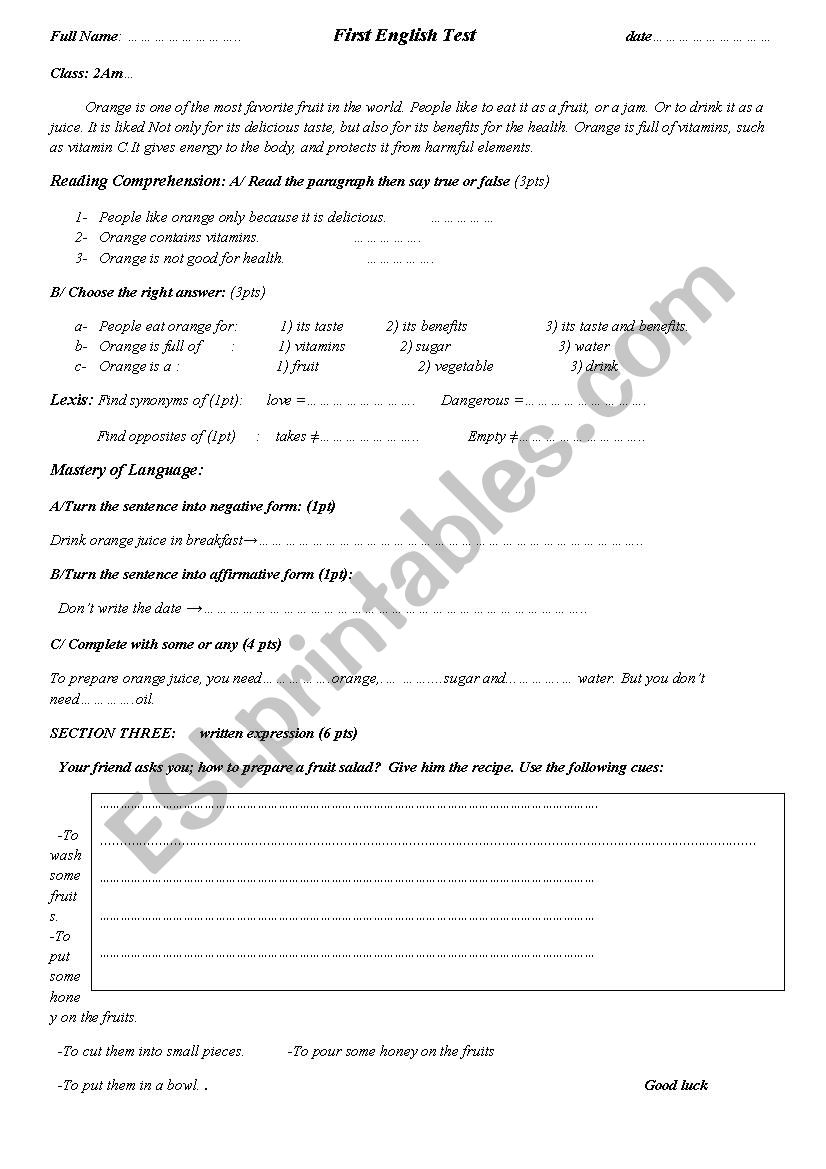 test about orange fruit for 2nd year middle school students