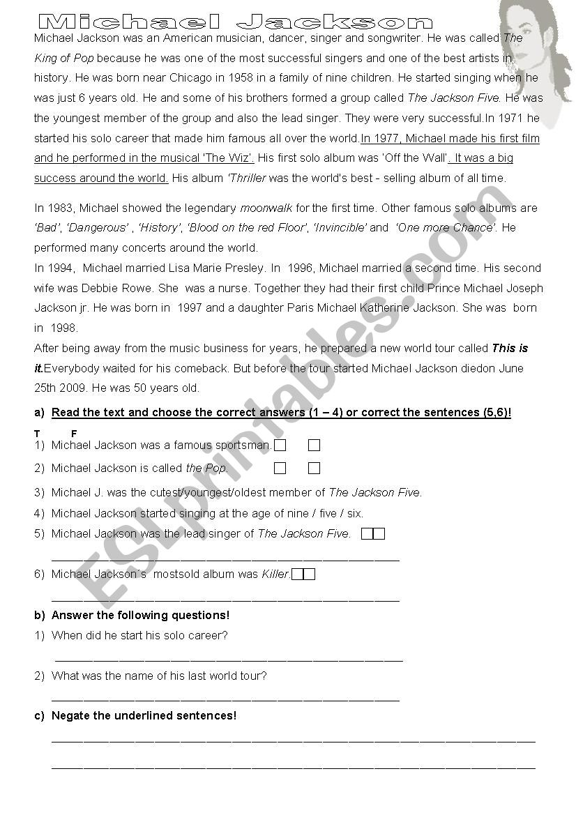 Michael Jackson worksheet