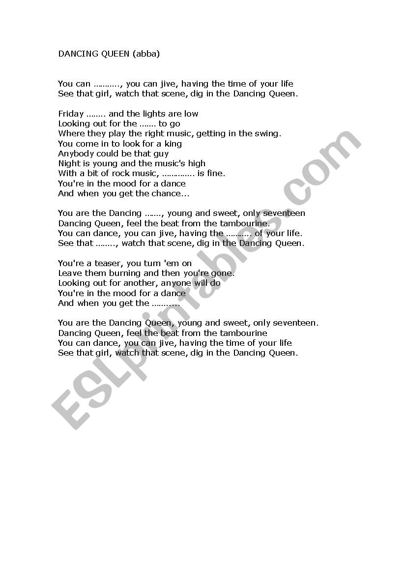 Lyrics Dancing Queen - ESL worksheet by estrada26