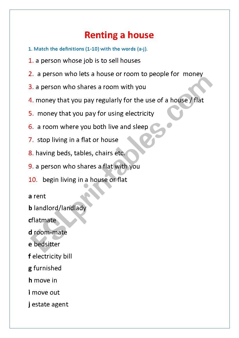 Renting a flat worksheet