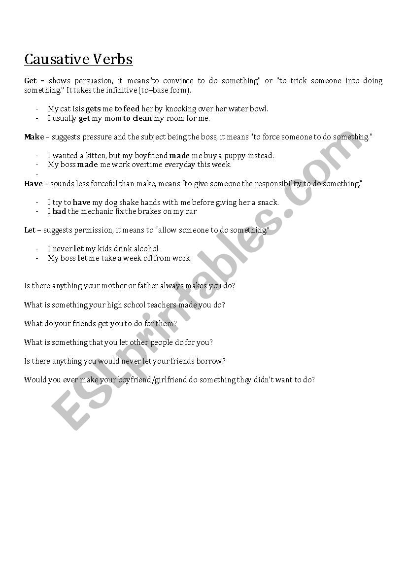 Causative Verbs worksheet