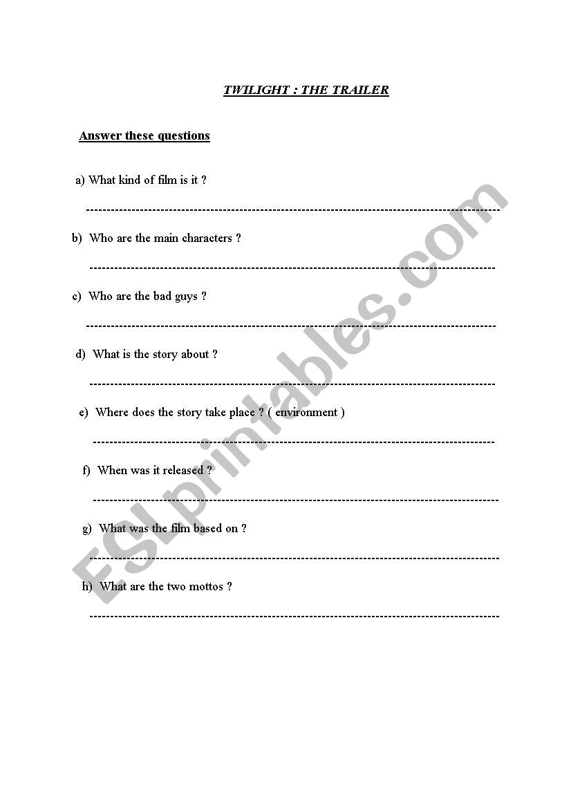 Twilight the trailer  worksheet