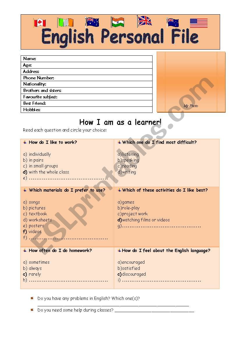 English personal file worksheet