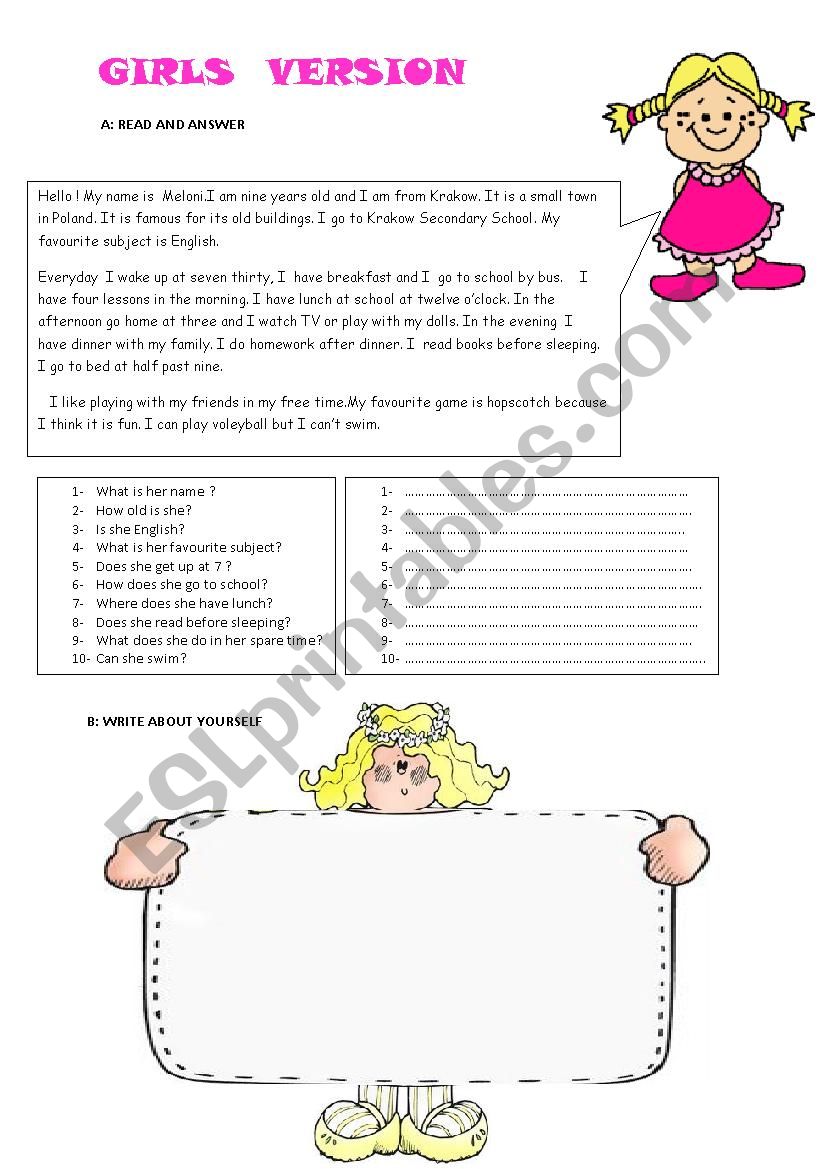 Reading Comprehension and Writing Activity for Girls