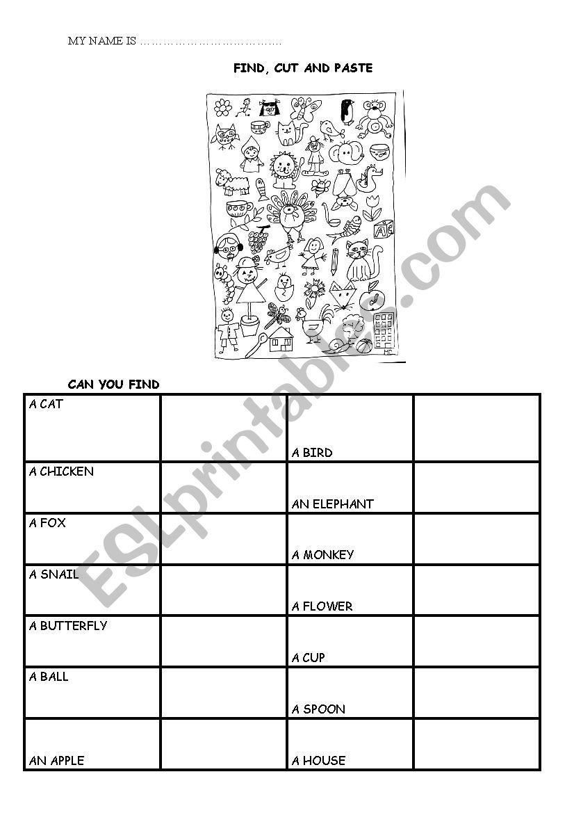 Find, cut and paste worksheet