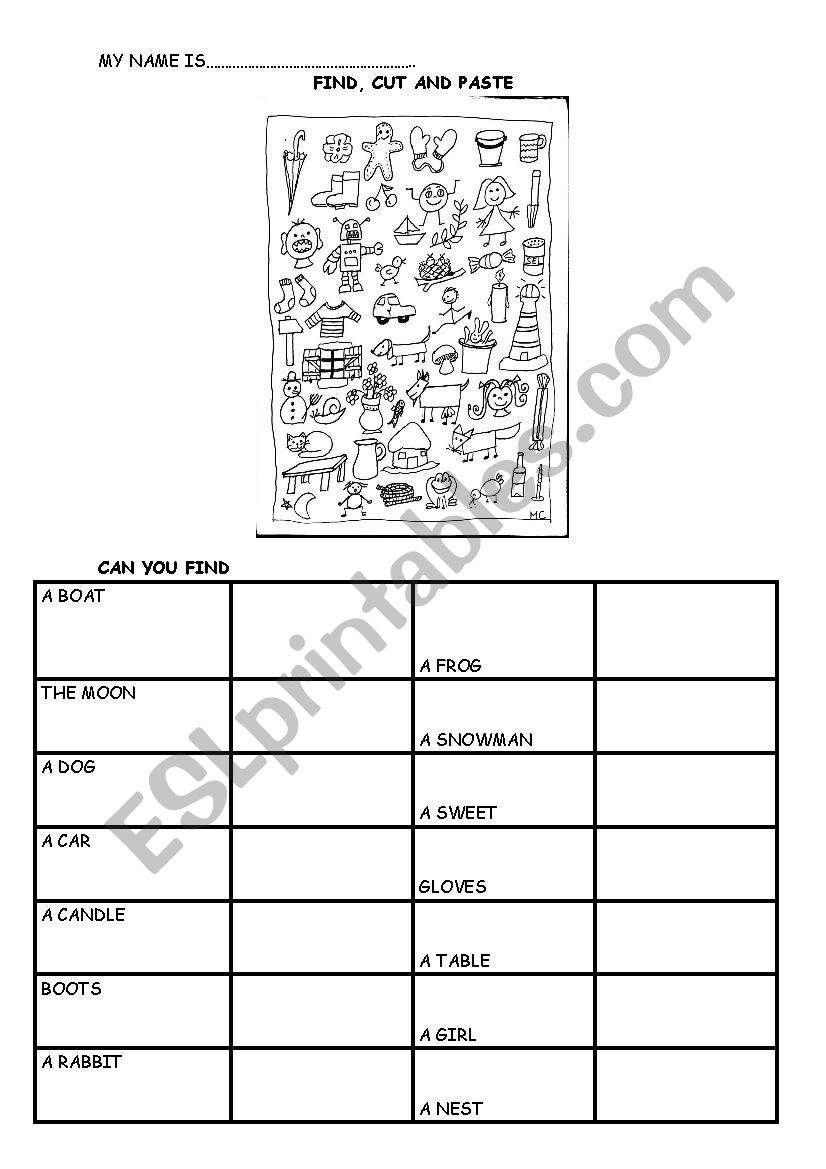 Find, cut and paste worksheet