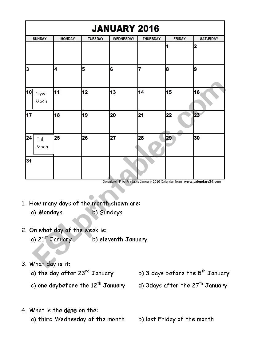 Time- interpret the calendar worksheet