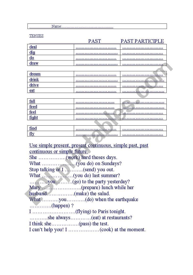 irregular verbs and tenses worksheet