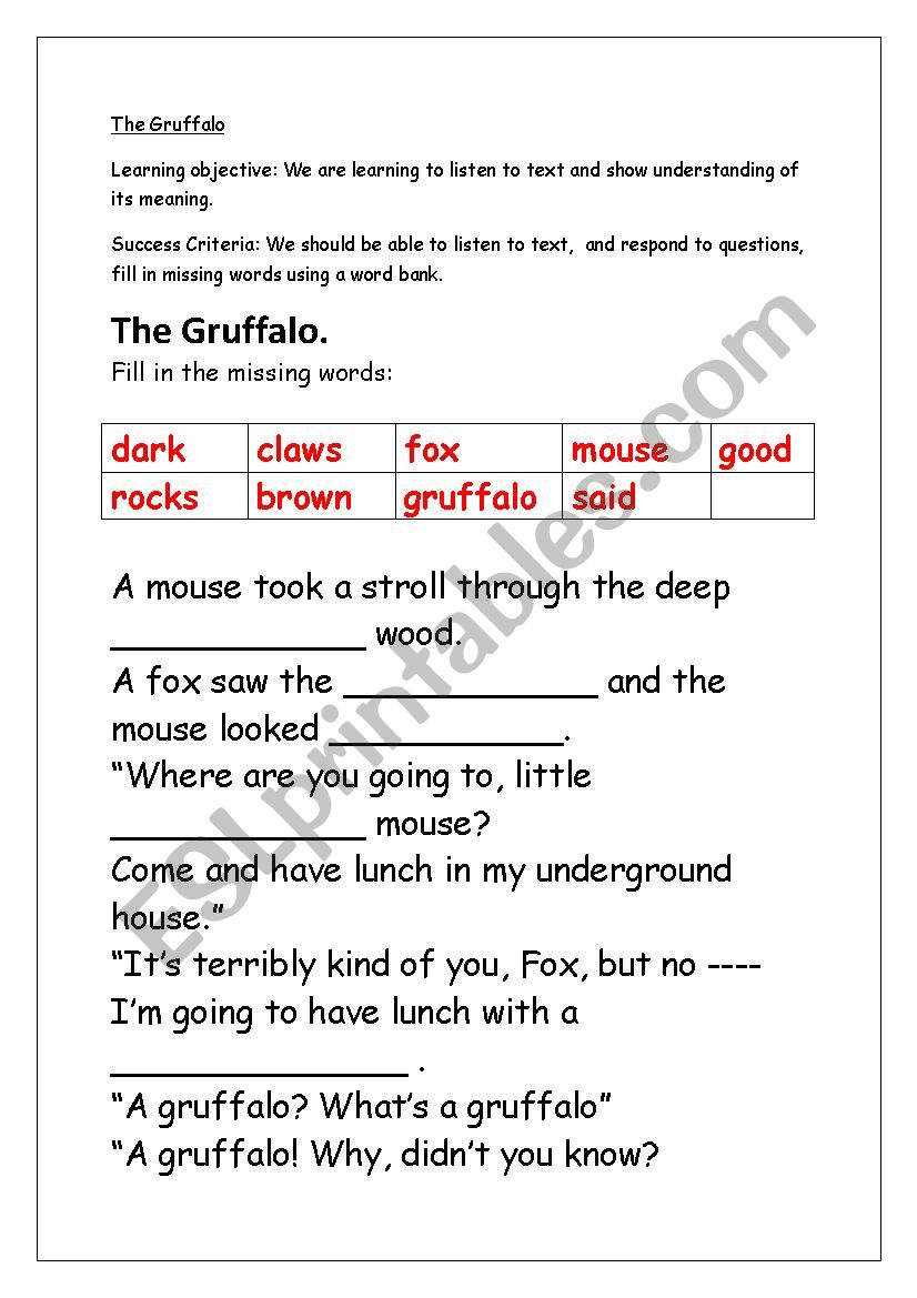 Gruffalo worksheet